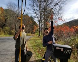 Ryan & John assess the height and strength of the branches, finding the one best suited to holding the feeder